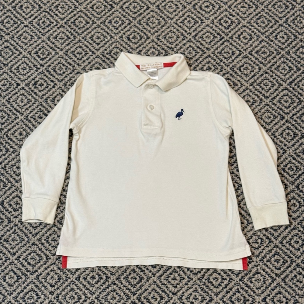 🎉 GUC/PLAY 🎉 TBBC 4T Long-Sleeve Polo in Ivory with Navy Emblem